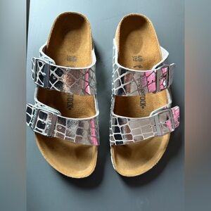 Birkenstock Two-Strap Metallic Silver Sandals with Pink Accents